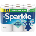 Sparkle paper towels six-pack in clear wrap showing white rolls and blue branded label with fairy silhouette.
