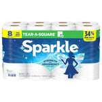 Sparkle paper towel eight-roll pack with green tear-a-square banner and logo on blue sparkly background
