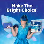 Woman in blue dress with fairy wings holding a Sparkle paper towel roll and a wallet against blue background.