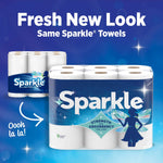 Graphic showing old and new Sparkle towel packaging with text 'Fresh New Look Same Sparkle Towels' on blue background