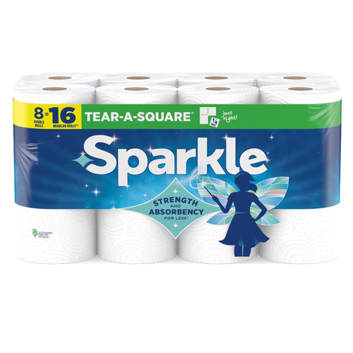 Front-facing Sparkle Tear-A-Square paper towel pack showing white rolls and blue branded wrap with fairy graphic