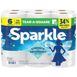 Front view of Sparkle six-roll paper towel pack in blue packaging with 'Tear-A-Square' header and fairy logo.