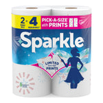 Front-facing Sparkle paper towels package showing Pick-A-Size with prints banner and fairy silhouette on blue background