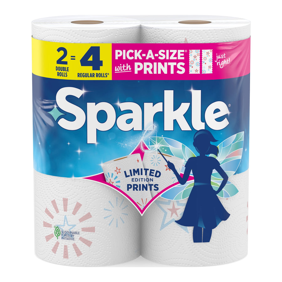 Front-facing Sparkle paper towels package showing Pick-A-Size with prints banner and fairy silhouette on blue background