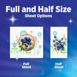 Graphic comparing a full sheet and half sheet of Sparkle printed paper towels, each showing floral pattern and food props.