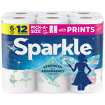 Clear front-facing Sparkle paper towel pack with visible rolls and blue label featuring fairy silhouette and brand name.