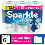 Pack of Sparkle paper towel rolls in blue packaging with fairy logo and printed paper towel rolls visible through wrap.
