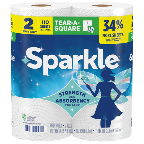 Close-up of Sparkle paper towel two-roll package highlighting 110 sheets per roll and Tear-A-Square branding