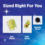 Infographic showing full, half and quarter sheet sizes on textured Sparkle paper towel squares with blue background.