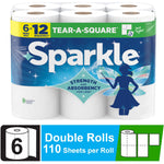Packaged Sparkle paper towel six-pack with blue branded wrap showing fairy silhouette and 'Strength and Absorbency' badge.