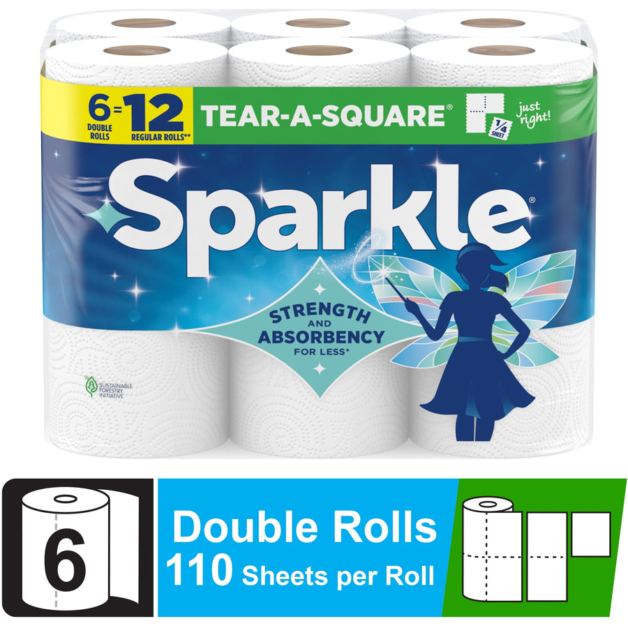 Packaged Sparkle paper towel six-pack with blue branded wrap showing fairy silhouette and 'Strength and Absorbency' badge.