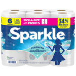 Sparkle branded six-roll pack of paper towels showing blue wrapper artwork, fairy silhouette and product text on front.