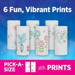 Six decorated paper towel rolls displayed upright with headline '6 Fun, Vibrant Prints' on a blue gradient background.
