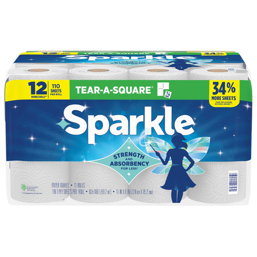 Sparkle Tear-A-Square paper towel 12-pack wrapped in blue branded plastic with fairy silhouette and product callouts