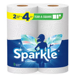 Two Sparkle Tear-a-Square paper towel double rolls with blue branded wrap and fairy logo