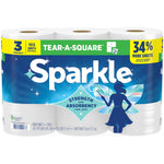 Front-facing Sparkle Tear-A-Square paper towel 3-pack showing brand name, fairy silhouette, and product claims