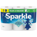 Sparkle Tear-A-Square paper towels three-roll pack with blue label, fairy silhouette and embossed towel texture visible