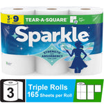 Packaged Sparkle Tear-A-Square paper towels three-roll pack with blue branding and fairy silhouette on wrap