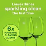 Bright green promotional image with two sparkling wine glasses and badge reading '6x powerful cleaning agents'