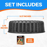 Side view of speckled black marble fluted cake pan with dimensions callouts and small image of included Emporio cookbook