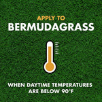 Green textured graphic reading “Apply to Bermudagrass” with a thermometer icon and temperature guidance text