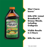 Spectracide bottle at left with callouts on right listing benefits like visible results in 5 hours and kills crabgrass