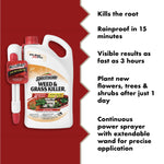 Spectracide Weed & Grass Killer 1-gallon bottle with AccuShot sprayer at left and bulleted product benefit text on red and white background.