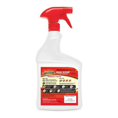 Rear view of a Spectracide Bug Stop Home Barrier spray bottle showing product facts label and red trigger
