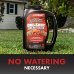 Spectracide One-Shot Fire Ant Killer jug placed on grass with a house blurred in background and 'No watering necessary' text.