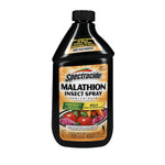 Black bottle of Spectracide Malathion insect spray concentrate with orange label showing tomatoes and flowers.