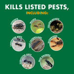 Green infographic panel showing pests killed including hornets, wasps, yellowjackets, ants, caterpillars and scorpions