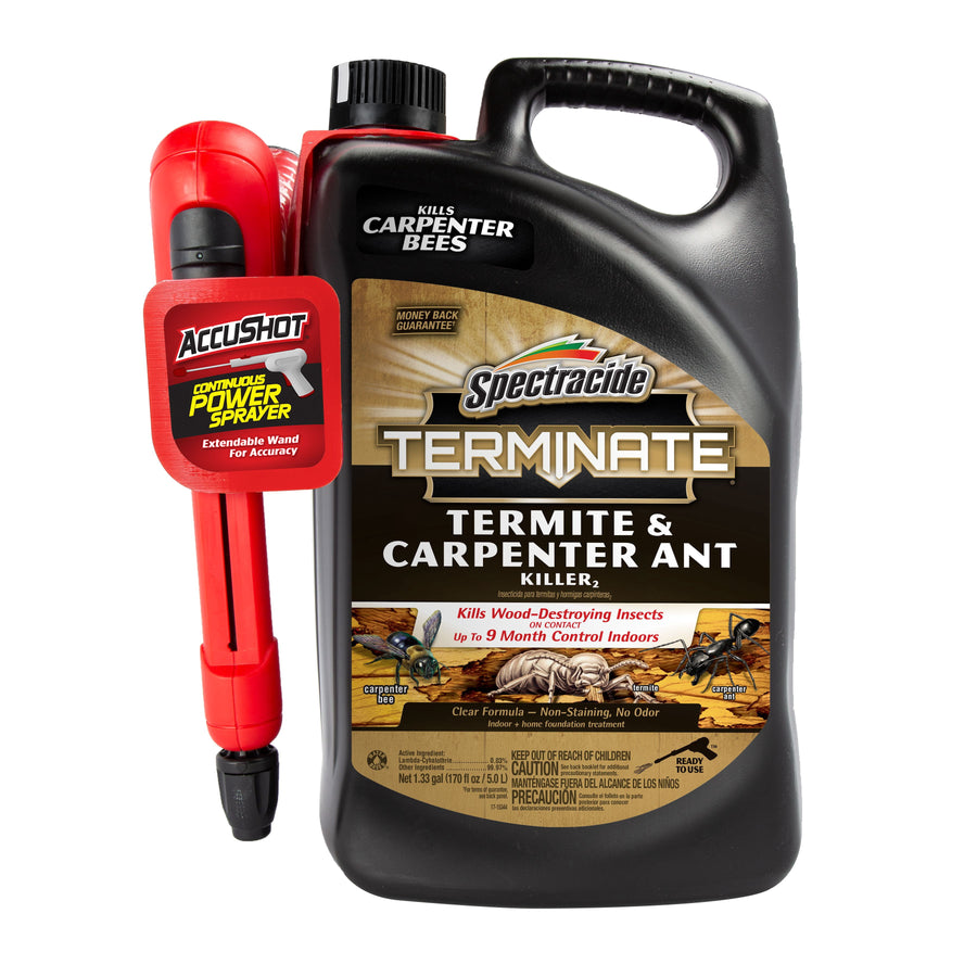 Black Spectracide Terminate container with attached red AccuShot sprayer and front product label showing termites and ants imagery