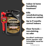 Spectracide Terminate jug with AccuShot sprayer at left and right-side infographic text describing indoor/outdoor use and features