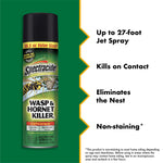 Single Spectracide Wasp & Hornet Killer aerosol can displayed with list of key features on a green and white background