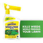 Spectracide Weed & Feed spray bottle with yellow QuickFlip sprayer and green label reading 'Weed & Feed'