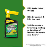 Spectracide Weed Stop bottle on green background with text bullet points describing product benefits and visible results claim