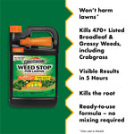 Spectracide Weed Stop jug shown left with white panel listing product benefits like 'Won't harm lawns' and 'Visible results in 5 hours'