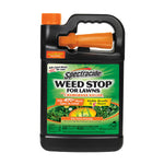 Black jug of Spectracide Weed Stop for Lawns with orange cap and green product label showing crabgrass killer branding