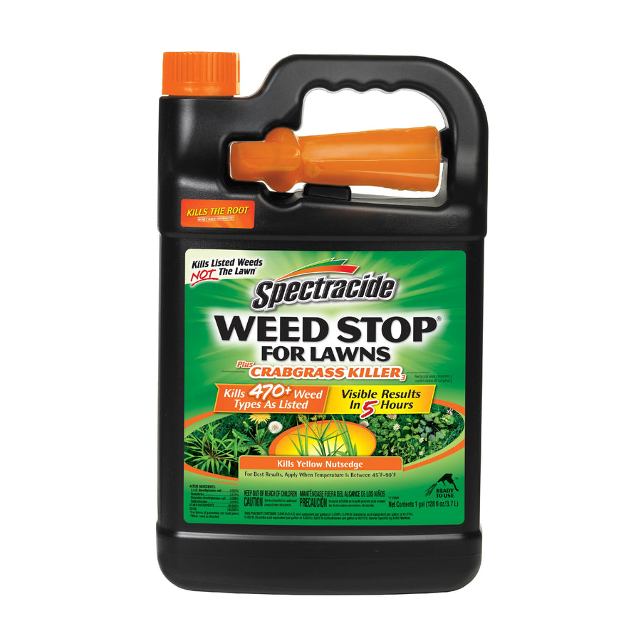 Black jug of Spectracide Weed Stop for Lawns with orange cap and green product label showing crabgrass killer branding