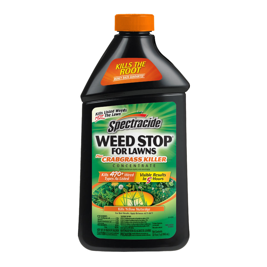 Black Spectracide Weed Stop for Lawns concentrate bottle with green label and orange cap on white background