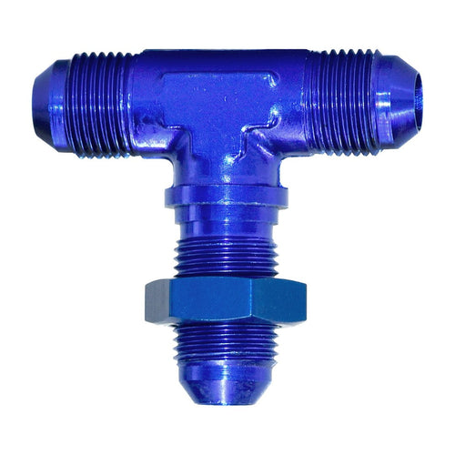 Blue anodized T-shaped metal flare fitting with three threaded male ends and a hex nut on the stem