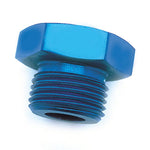 Angled view of a blue anodized hex-head threaded fitting plug on a white background