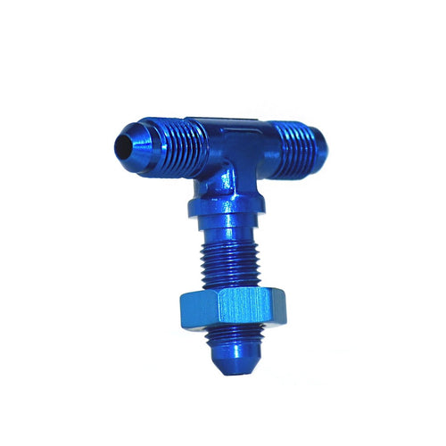 SpeedFX blue anodized T-shaped bulkhead coupler fitting with threaded male ends and hex nut