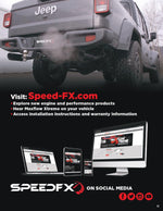 Rear view of a Jeep with exhaust visible above a SpeedFX advertisement showing website and device mockups