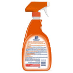 Rear view of an orange Spic and Span Advanced Clean spray bottle showing product information, directions and barcode on the label
