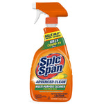 Front view of an orange Spic and Span Advanced Clean multi-purpose spray bottle with citrus label and trigger sprayer