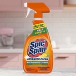 Spic and Span Advanced Clean citrus-scented multi-purpose spray bottle displayed on a kitchen counter with blurred backsplash