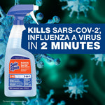 Spic and Span spray bottle with large text claim ‘Kills SARS‑CoV‑2, Influenza A virus in 2 minutes’ over virus illustration