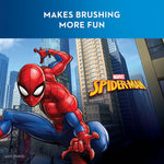 Spider‑Man comic‑style illustration over a cityscape with text declaring brushing is more fun