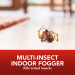 Close-up lifestyle-style image of a dead spider on a floor above red panel reading 'Multi-Insect Indoor Fogger'